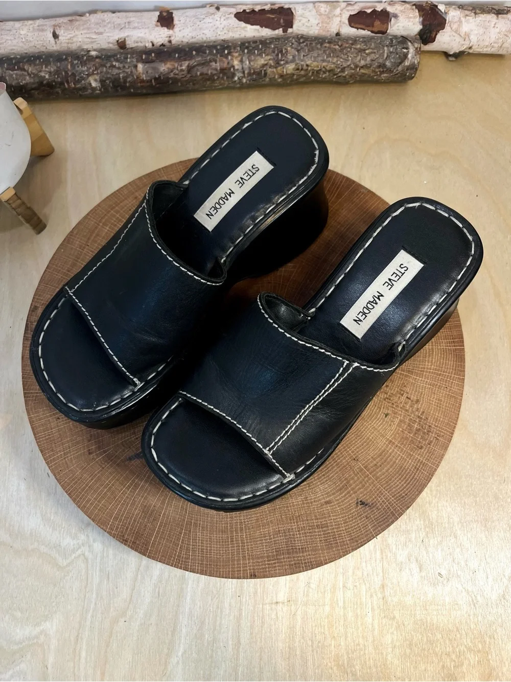 Steve Madden Vintage Ignite Platform Wedge Slides - Black Leather - Size 6.5B - Picture 3 of 16
